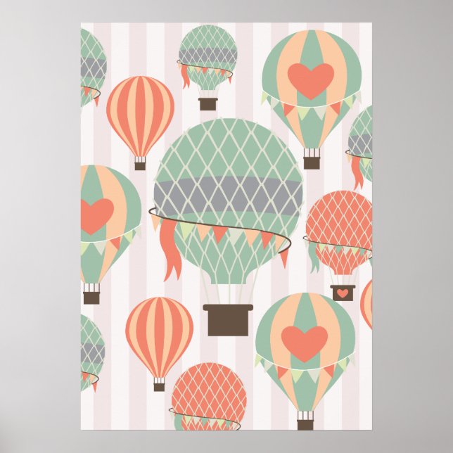 Pastel Hot Air Balloons Rising Pink Striped Sky Poster (Front)