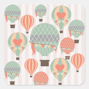 Pastel Hot Air Balloons Rising Pink Striped Sky Square Sticker