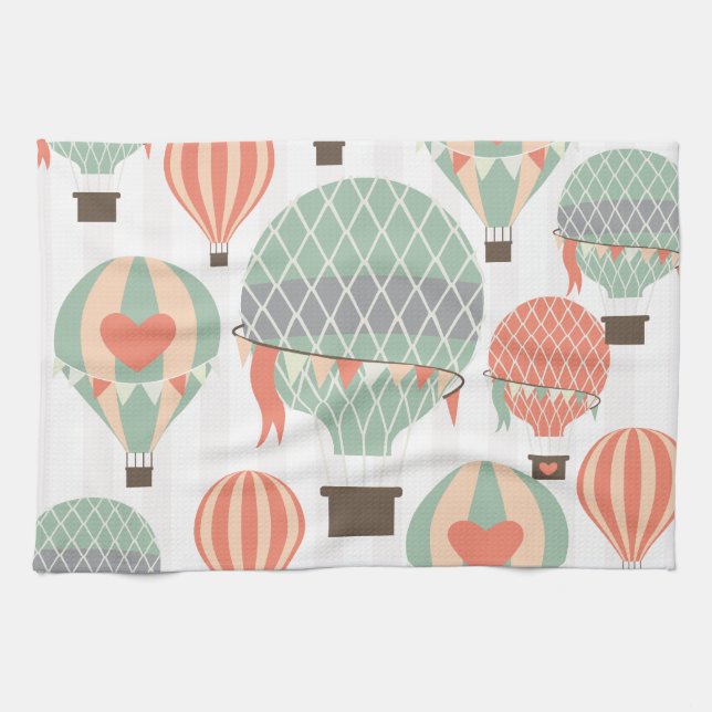 Pastel Hot Air Balloons Rising Pink Striped Sky Tea Towel (Horizontal)