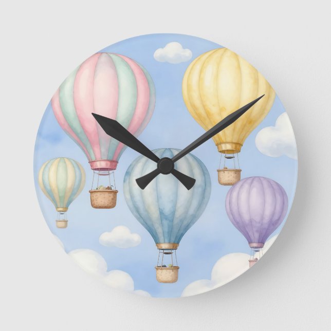 Pastel Hot Air Balloons Sky Round Clock (Front)