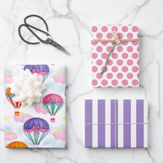 Pastel Hot Air Balloons Wrapping Paper Set (Front)