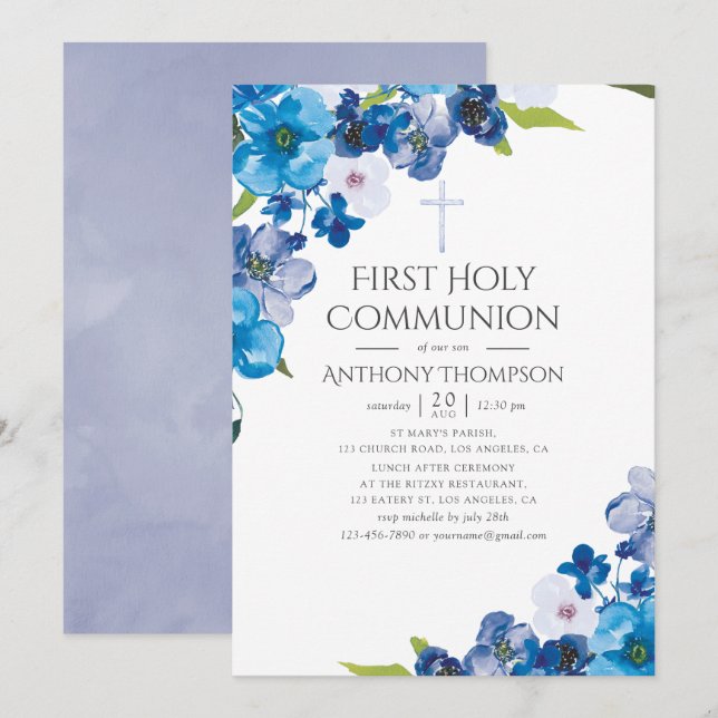 Pastel Hues of Blue Floral Baptism or Christening Invitation (Front/Back)