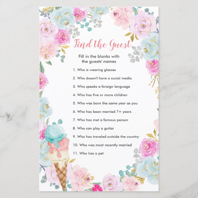 Pastel ice cream floral Find the Guest game (Front)