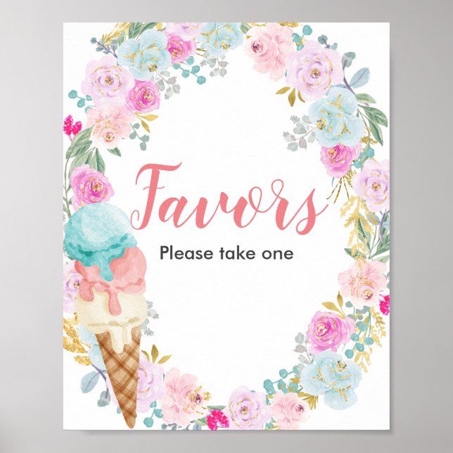 Pastel Ice cream Flowers Watercolor Favour Sign (Front)