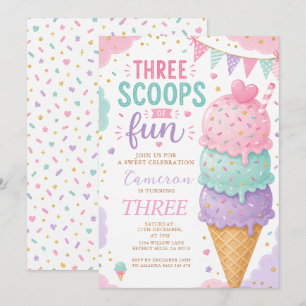 Pastel Ice Cream Three Scoops of Fun Birthday Invitation