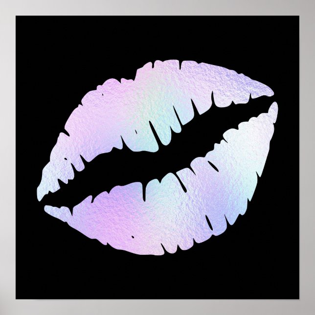Pastel Iridescent Foil Lipstick Kiss on Black Poster (Front)