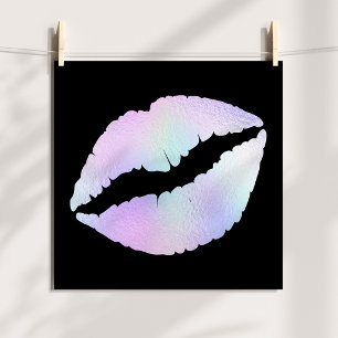 Pastel Iridescent Foil Lipstick Kiss on Black Poster