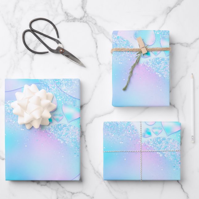 Pastel Iridescent Heart Patterned Blue Purple.  Wrapping Paper Sheet (Front)