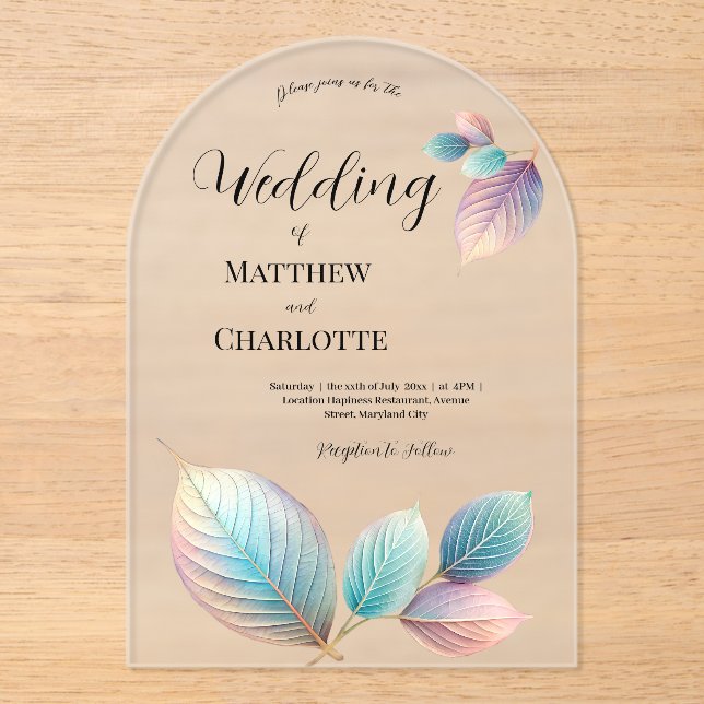 Pastel Iridescent Leaves Wedding Dreamy Pastels Acrylic Invitations (Front)