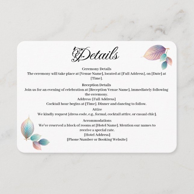 Pastel Iridescent Leaves Wedding Dreamy Pastels Enclosure Card (Front)