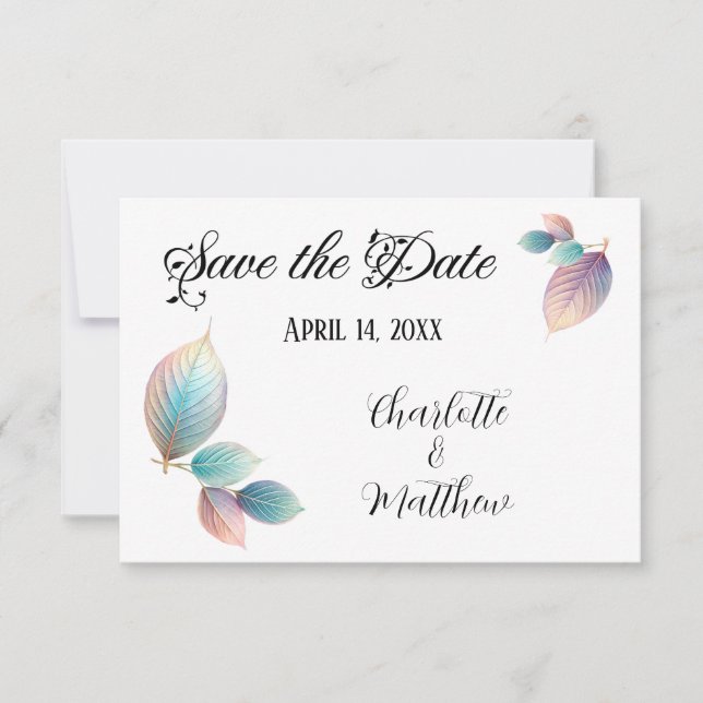 Pastel Iridescent Leaves Wedding Dreamy Pastels Save The Date (Front)