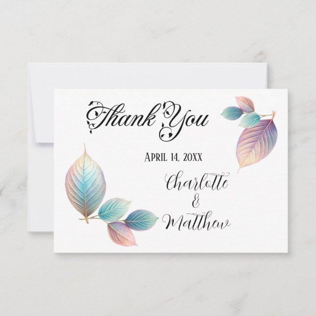Pastel Iridescent Leaves Wedding Dreamy Pastels Thank You Card (Front)