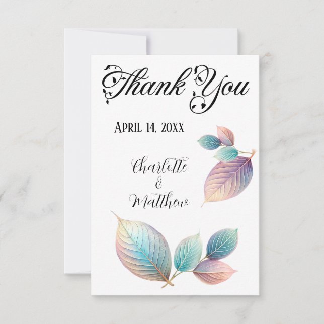 Pastel Iridescent Leaves Wedding Dreamy Pastels Thank You Card (Front)