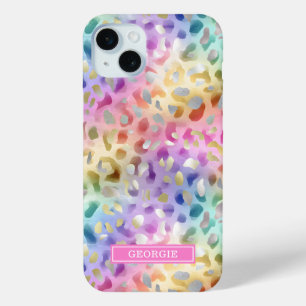 Pastel Iridescent Leopard Print Monogrammed iPhone 15 Mini Case