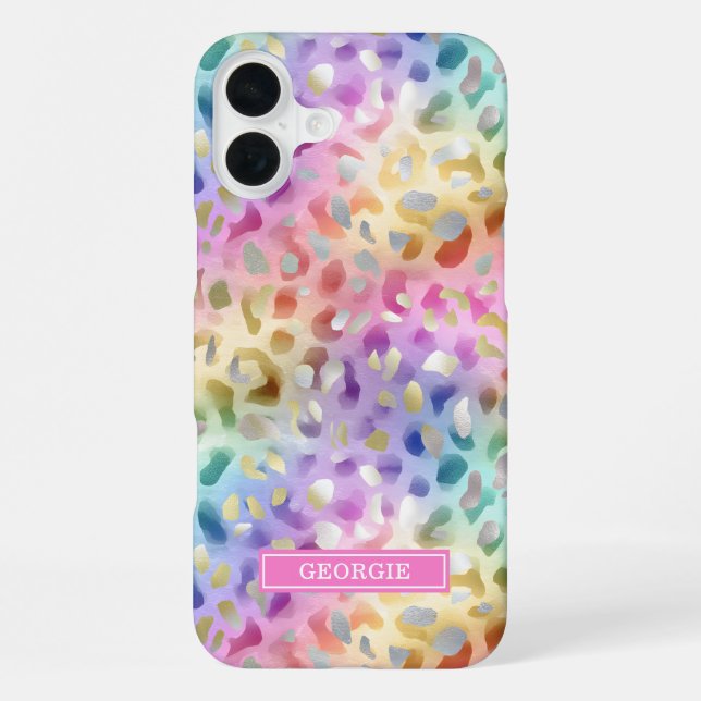 Pastel Iridescent Leopard Print Monogrammed iPhone Case (Back)