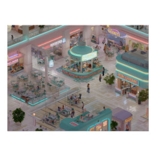 Pastel Isometric Mall Plaza with Neon Shops Poster