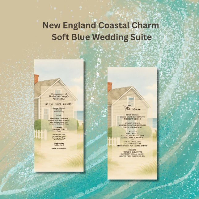 Pastel ivory Blue Cape Cod Coastal Wedding Dinner  Programme (Creator Uploaded)