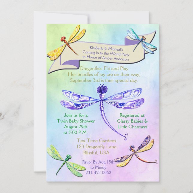 Pastel Jewel Tone Dragonfly Baby Shower Invite (Front)