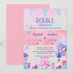 Pastel Joint Girls Double Birthday Celebration Invitation