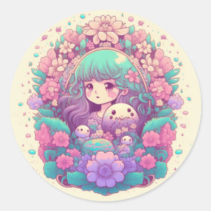 Pastel kawaii anime girl flower stickers