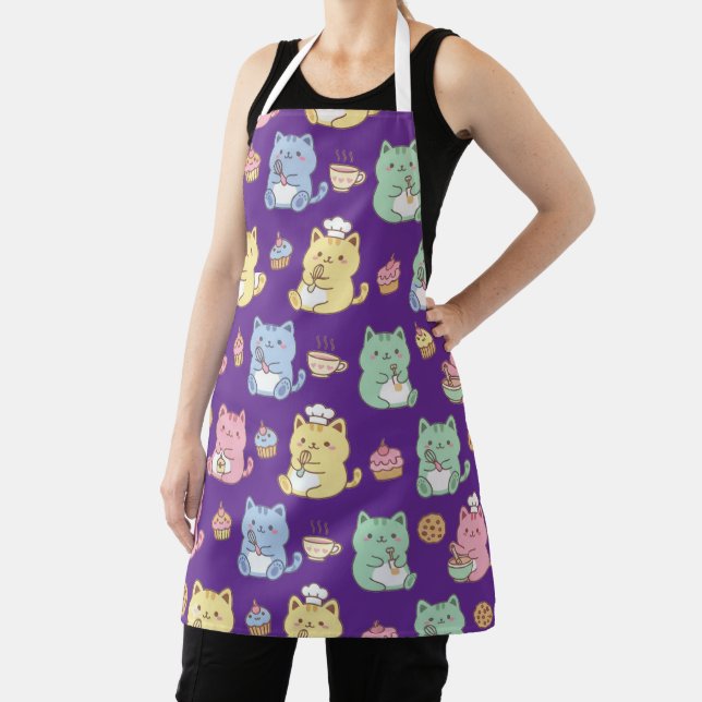 Pastel Kawaii Baking Cats Seamless Pattern Kitchen Apron (Insitu)