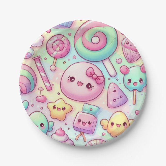 Pastel Kawaii Candy Pattern Kids Birthday Party Paper Plate (Front)