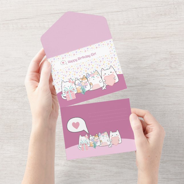 Pastel Kawaii Cat Fiends Greeting Cartoon Doodle  All In One Invitation (Tearaway)