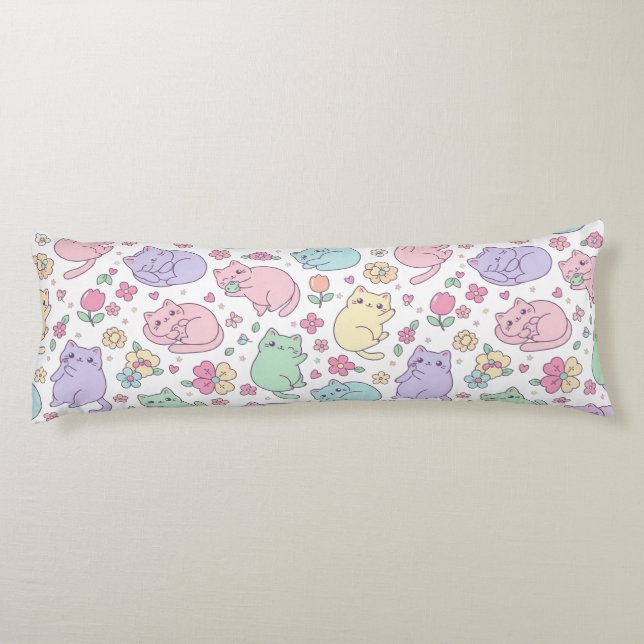 Pastel Kawaii Cats and Flowers Pattern  Body Cushion (Back)