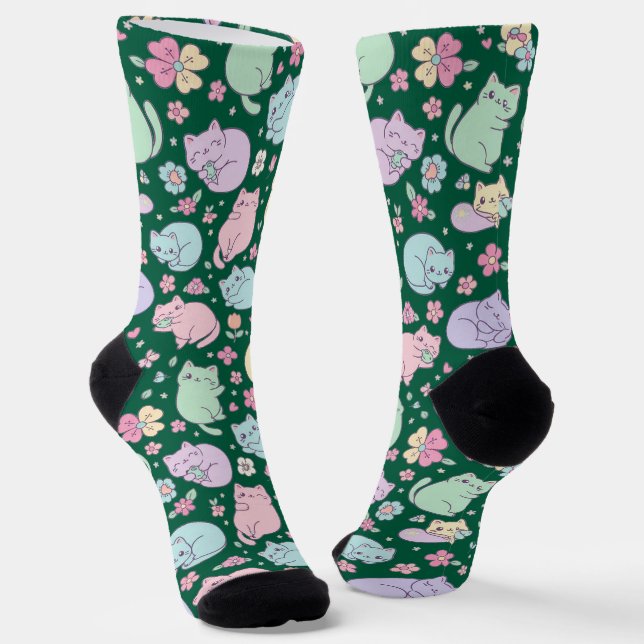 Pastel Kawaii Cats and Spring Flowers Pattern  Socks (Angled)