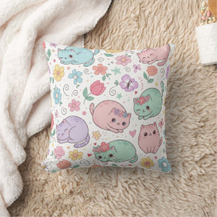 Pastel Kawaii Cats and Spring Flowers Throw Pillow