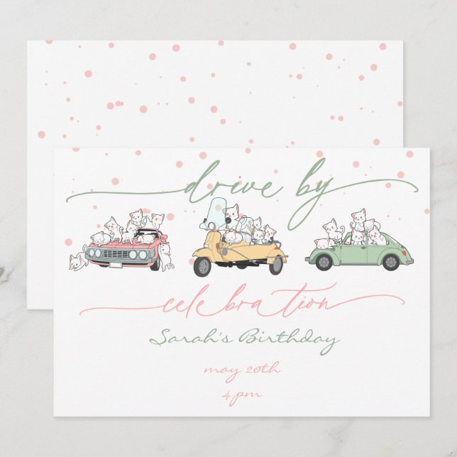 Pastel Kawaii Cats Surprise Celebration Parade Invitation (Front/Back)