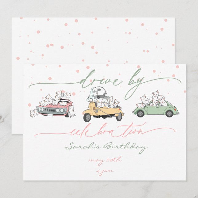 Pastel Kawaii Cats Surprise Celebration Parade Invitation (Front/Back)
