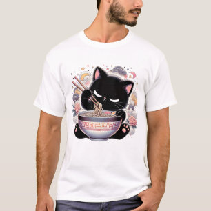 Pastel Kawaii Creepy Cat Eating Ramen Noodles T-Shirt