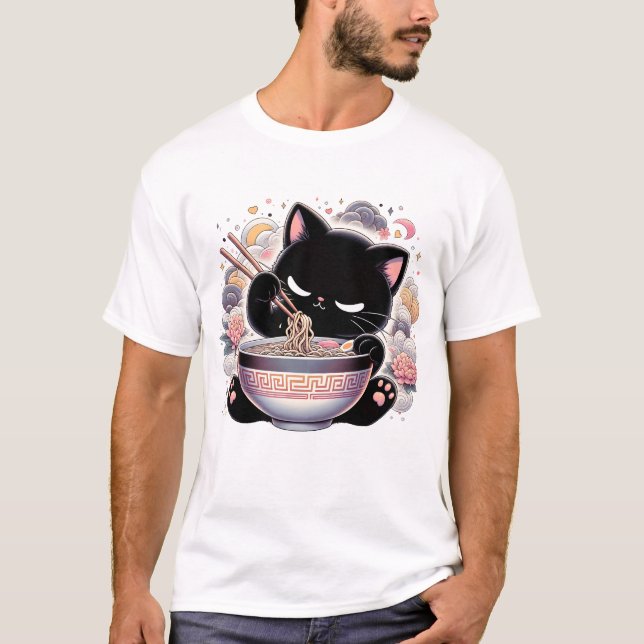 Pastel Kawaii Creepy Cat Eating Ramen Noodles T-Shirt (Front)