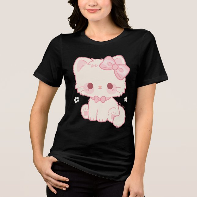 Pastel Kawaii Kitty with Bow Tri-Blend Shirt (Front)