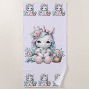 Pastel Kawaii Unicorn Doll with Flower Basket Beach Towel