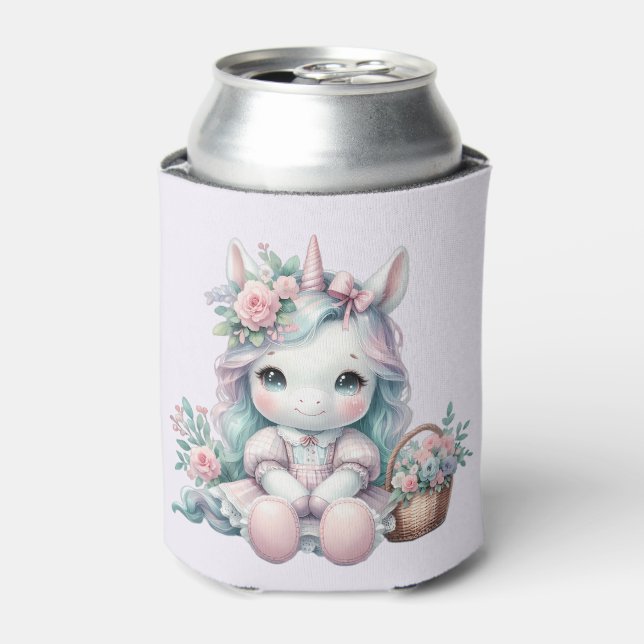 Pastel Kawaii Unicorn Doll with Flower Basket Can Cooler (Can Front)