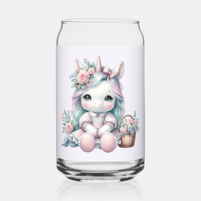 Pastel Kawaii Unicorn Doll with Flower Basket Can Glass (Front)