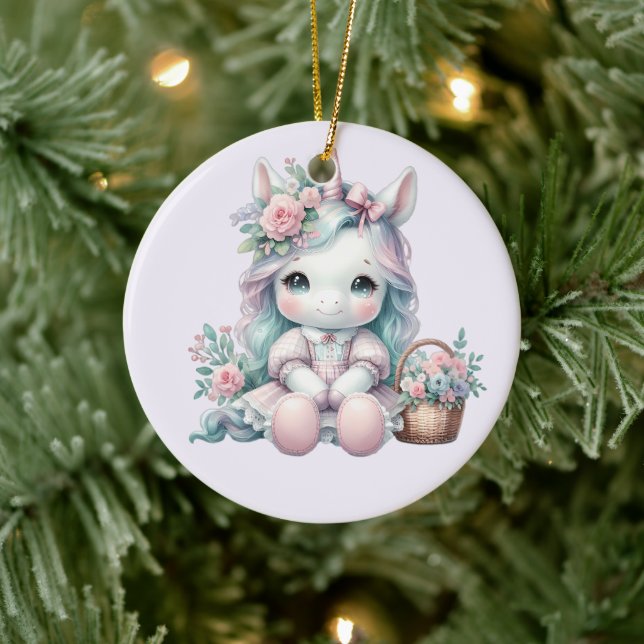 Pastel Kawaii Unicorn Doll with Flower Basket Ceramic Tree Decoration (Tree)