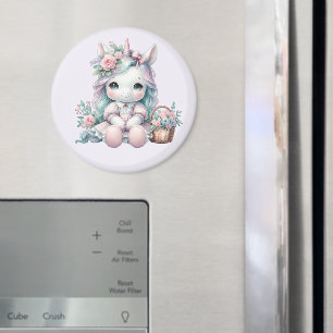 Pastel Kawaii Unicorn Doll with Flower Basket Magnet