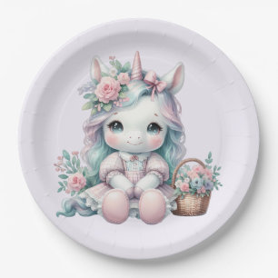 Pastel Kawaii Unicorn Doll with Flower Basket Paper Plate