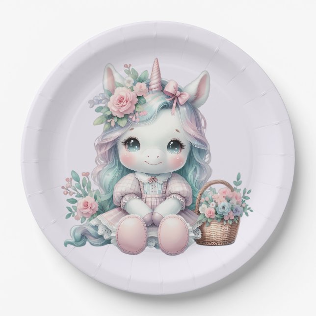 Pastel Kawaii Unicorn Doll with Flower Basket Paper Plate (Front)