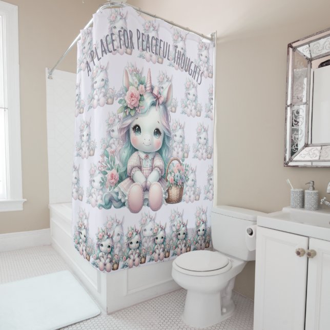 Pastel Kawaii Unicorn Doll with Flower Basket Shower Curtain (In Situ)
