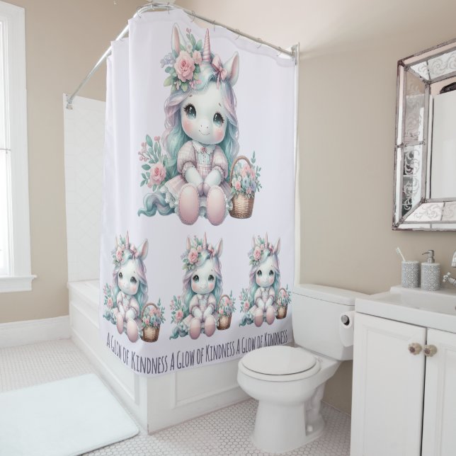 Pastel Kawaii Unicorn Doll with Flower Basket Shower Curtain (In Situ)