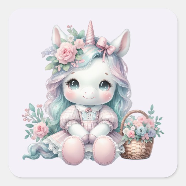 Pastel Kawaii Unicorn Doll with Flower Basket Square Sticker (Front)