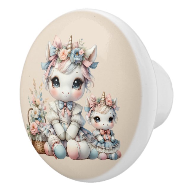 Pastel Kawaii Unicorn Mother Daughter Duo Beige Ceramic Knob (Right)