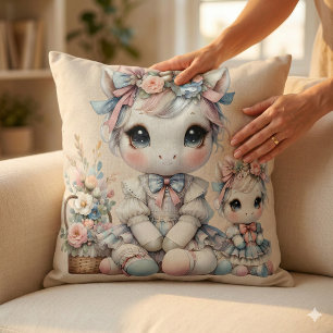 Pastel Kawaii Unicorn Mother Daughter Duo Beige Cushion