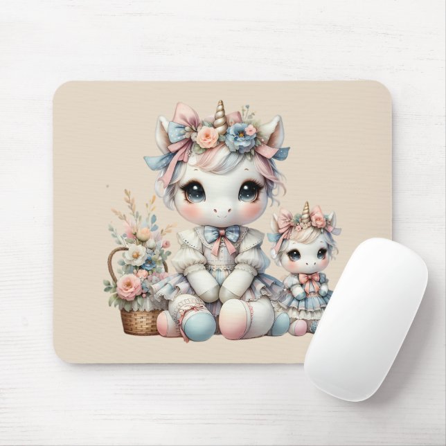 Pastel Kawaii Unicorn Mother Daughter Duo Beige Mouse Mat (With Mouse)