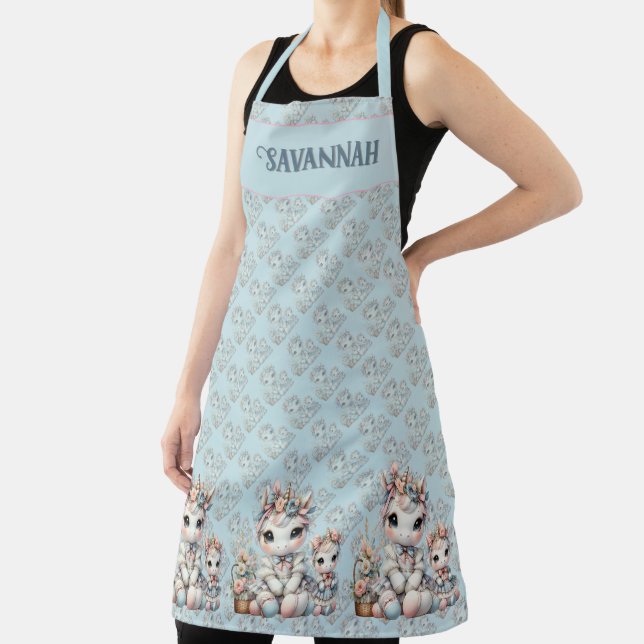 Pastel Kawaii Unicorn Mother Daughter Duo Blue Apron (Insitu)