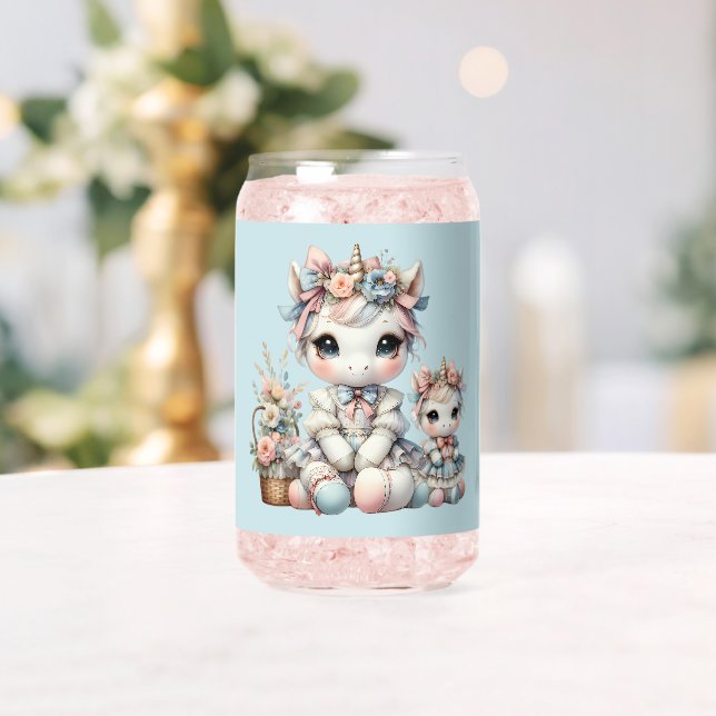 Pastel Kawaii Unicorn Mother Daughter Duo Blue Can Glass (Insitu (Wedding))